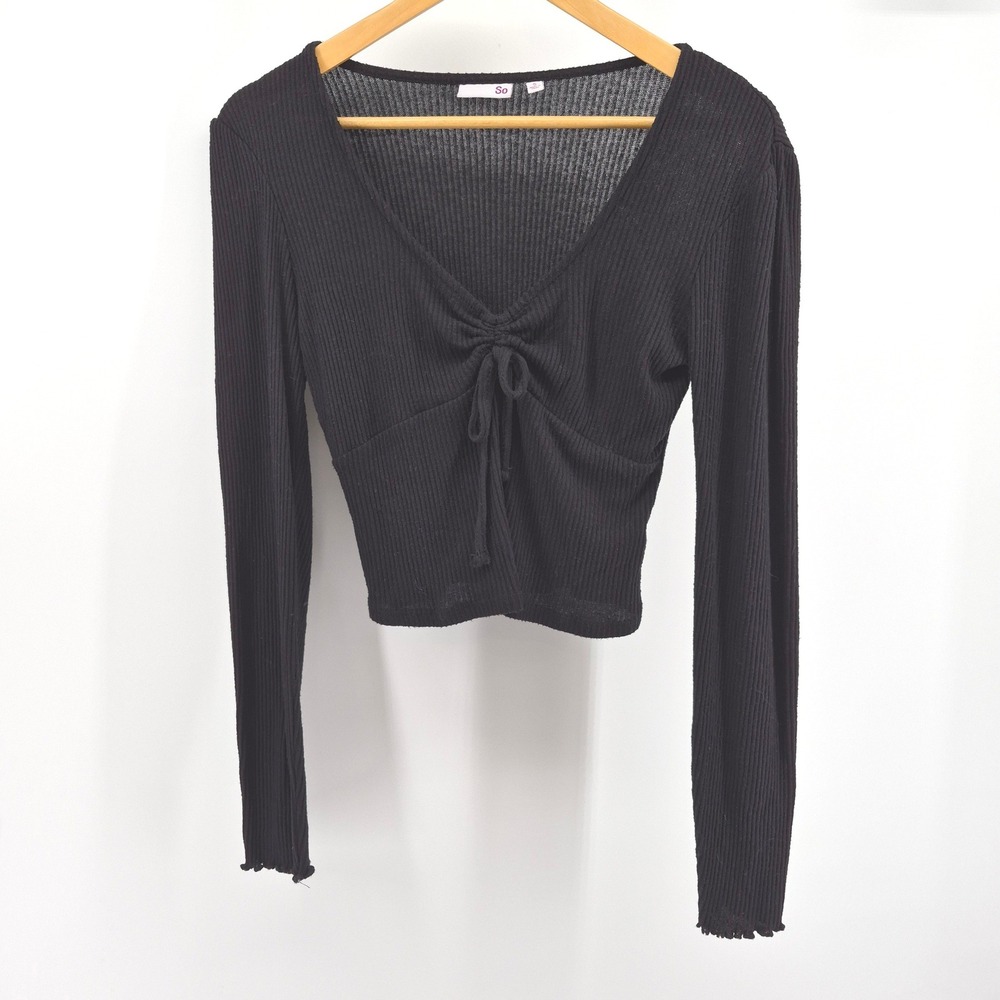 SO Black Ribbed Cinched Front Top S Long Sleeve V-Neck Cropped Lettuce Edge Y2K - Picture 2 of 11